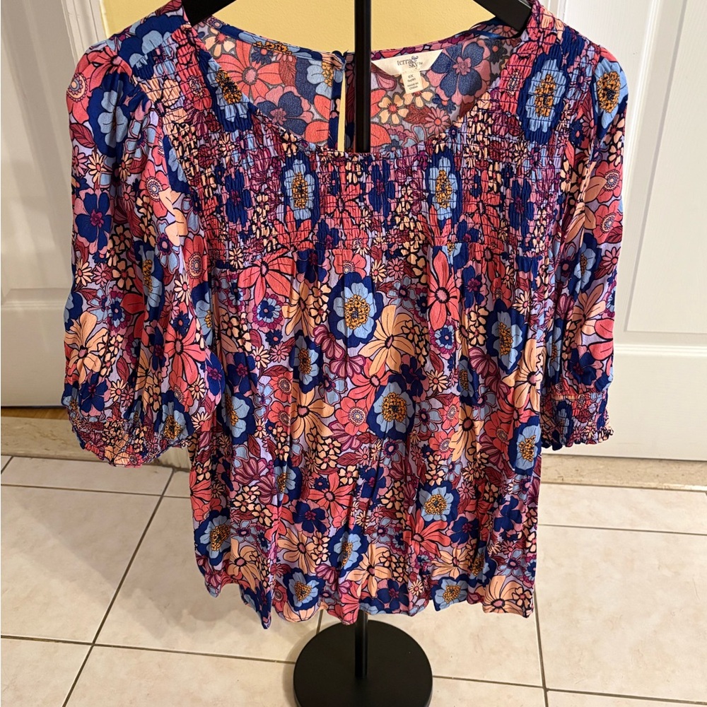 Floral Smocked Square-Neck Top in Pink & Blue
